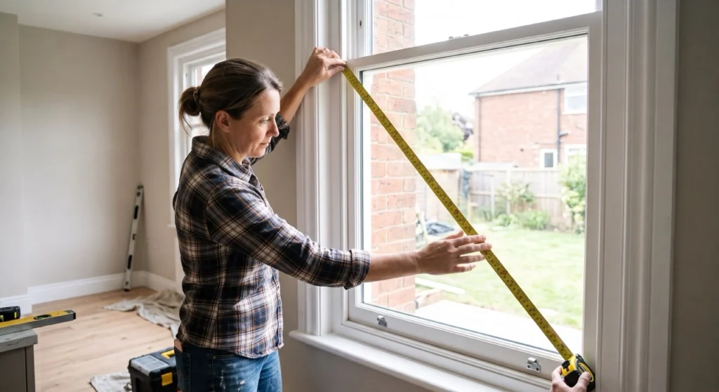 Measuring corner to corner diagonally across a window frame with a tape measure to check if the frame is square before ordering blinds.