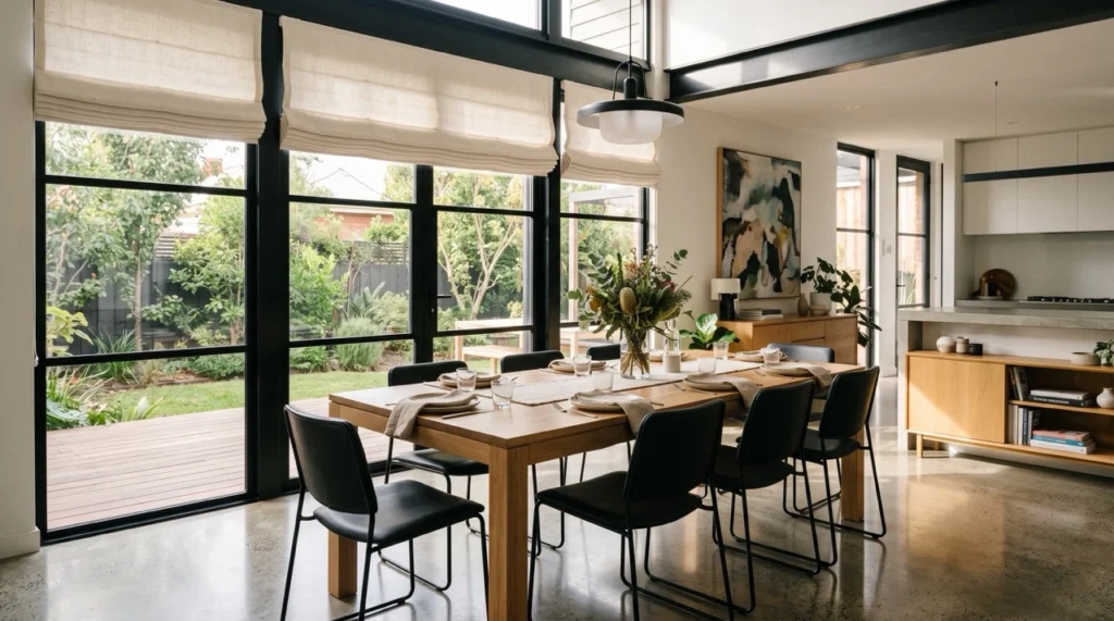 Cream Roman blinds installed in a bright Melbourne dining room with polished concrete floors and natural daylight.