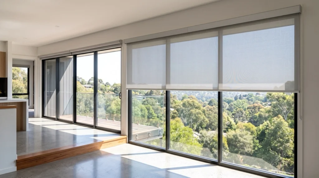 Blinds and Curtains Doncaster 1 Custom blinds and curtains Doncaster installation showing dual-bracket solar screen blinds lowered in a sunlit living room overlooking green hills.