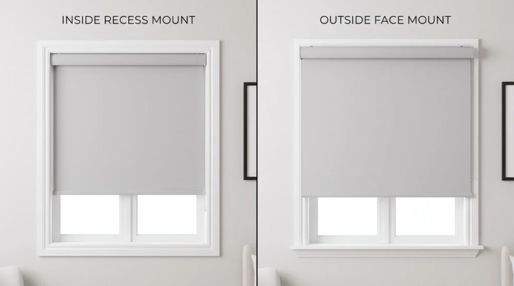 Side-by-side comparison showing how to measure windows for blinds an inside recess mounted blind fitted flush within a window frame versus an outside face mounted blind overlapping the wall architrave.