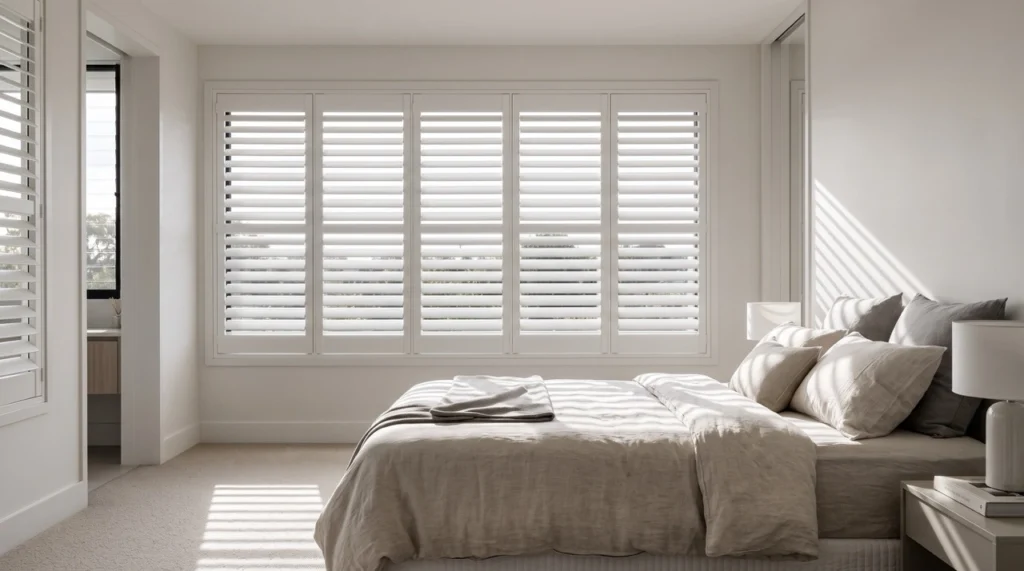 Blinds and Curtains Doncaster 2 Custom matte white timber plantation shutters with wide louvers fitted flush into a Doncaster master bedroom window frame.