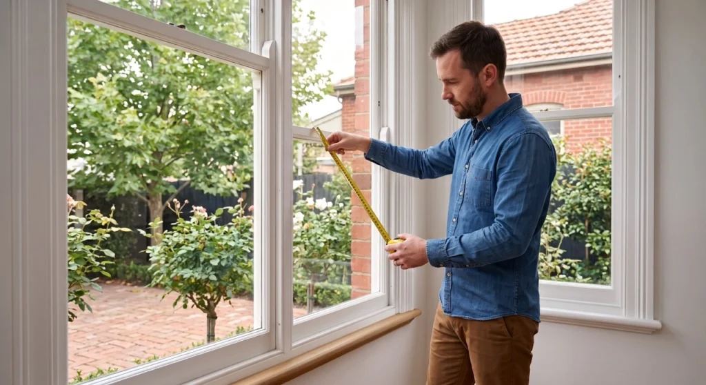 Measuring the recess depth of a window frame from the front edge to the glass, checking clearance around window locks and handles.