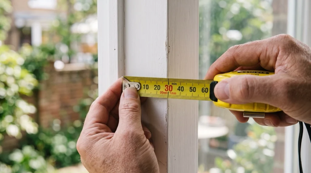 Close-up of a person's hands holding a metal tape measure against a wooden window frame to measure for custom blinds in millimetres.