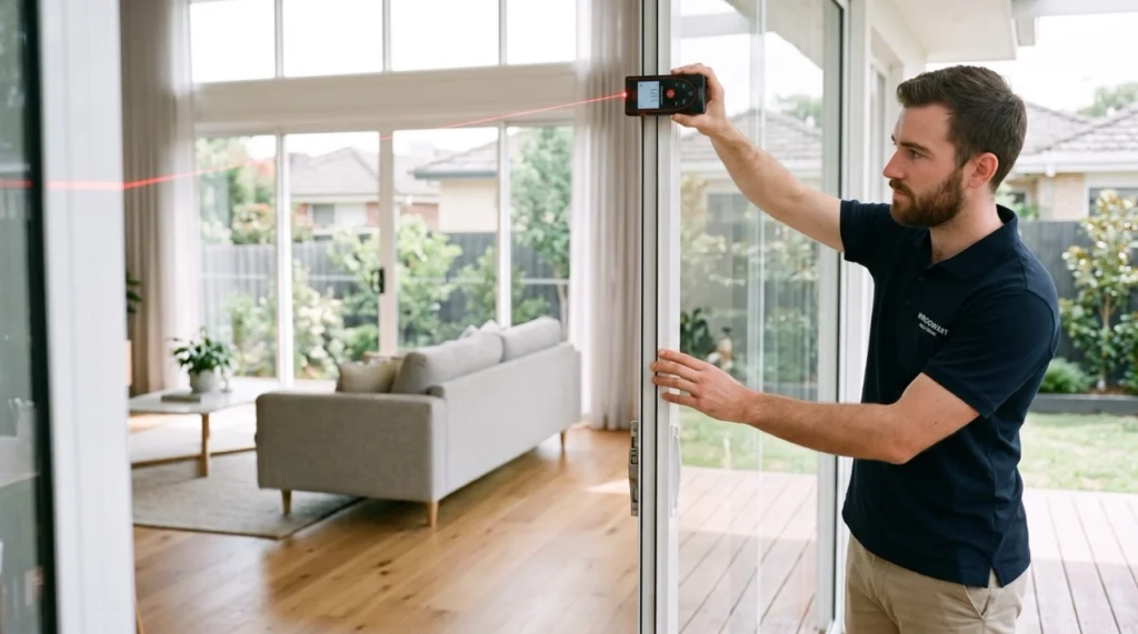 An IMEKO Blinds technician using a handheld digital laser distance measure on a large living room sliding door frame.