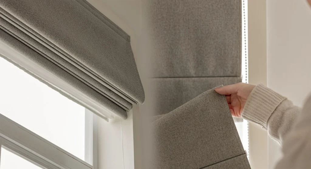 Roman Blinds in Melbourne: The Complete Guide 2 A close-up view showing the tailored horizontal rod pockets and neat folding pleats of a raised Roman blinds in Melbourne.