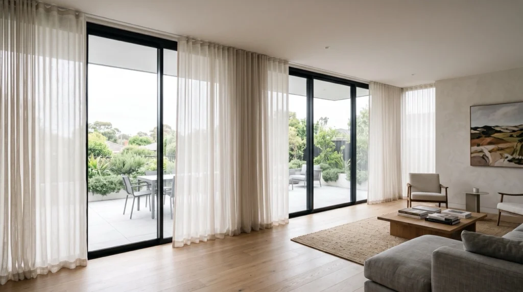 Blinds and Curtains Doncaster 3 Custom linen S-fold sheer blinds and curtains Doncaster fitout on a ceiling track across wide living room sliding doors.